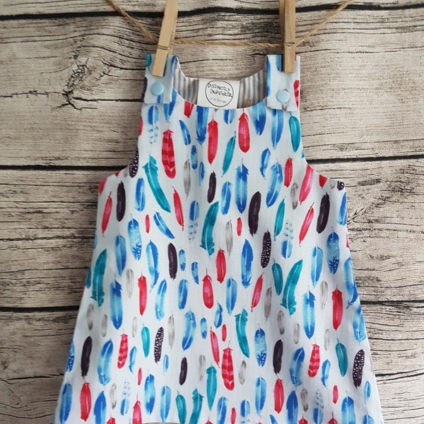 Boho summer festival feather pinafore dress, back to school fashion, festival baby shower gift, toddler birthday party outfit