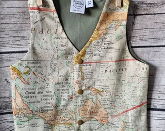 Boys map waistcoat newborn to age 10 page boy, travel themed wedding, boys winter suit, matching father and son, explorer waistcoat