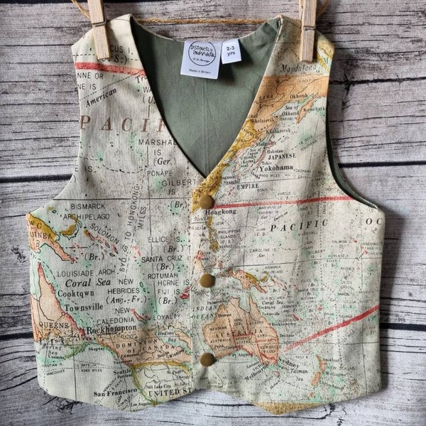 Boys map waistcoat newborn to age 10 page boy, travel themed wedding, boys winter suit, matching father and son, explorer waistcoat
