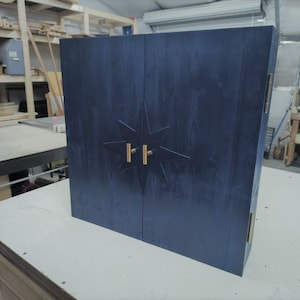 Dartboard Cabinet, handmade cabinet, reclaimed wood, Dark Blue