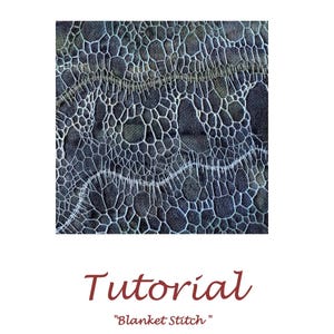 May include: A tutorial titled Mirjam textiles Blanket Stitch featuring a square image of white lace-like embroidery with a hexagonal pattern stitched onto a dark gray fabric background. The text Mirjam textiles appears at the top and Tutorial Blanket Stitch at the bottom.