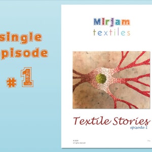 Könnte beinhalten: Ein rotes und weißes Textilkunstwerk, das ein Neuron, eine Nervenzelle, mit einem grünen Kern darstellt. Das Kunstwerk trägt den Titel "Textile Stories, Episode 1" und stammt von Mirjam Textiles.