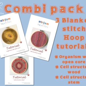 Op de afbeelding: Een set van drie borduurring-tutorials voor de deken-steek. De tutorials zijn getiteld "organisme met open kern", "celstructuur hout" en "celstructuur stengel".