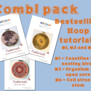 May include: A set of three embroidery hoop tutorials for creating coastline with nesting birds, organism with open core, and cell structure stem. The tutorials are titled "Combi Pack" and "Bestselling Hoop Tutorials #1, #3 and #6".