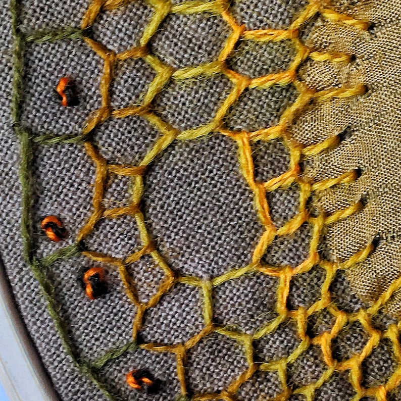 May include: Close-up of a gray fabric with a yellow, orange, and green embroidered design. The design is a series of connected hexagons.