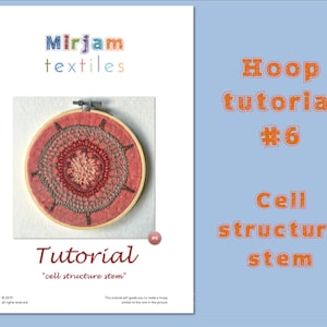 Op de afbeelding: Een borduurtutorial voor een borduurring met de titel "Celstructuur Steel" met een close-up van een rood en grijs geborduurd ontwerp in een borduurring. De tutorial is genummerd #6.