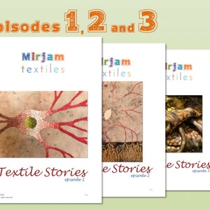 May include: Three covers for textile stories, episodes 1, 2, and 3. Each cover features a different textile art piece. The first cover features a red and yellow textile art piece that resembles a neuron. The second cover features a red and yellow textile art piece that resembles a tree. The third cover features a gold and brown textile art piece that resembles a piece of fabric.