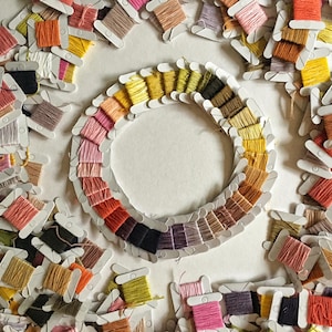 Op de afbeelding: Een verzameling borduurgarenklossen gerangschikt in een cirkel, met een verscheidenheid aan kleuren, waaronder rood, oranje, geel, groen, blauw, paars en bruin.