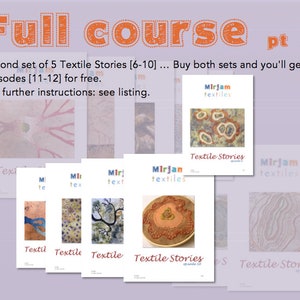 Könnte beinhalten: Ein Satz von fünf Textildrucken mit dem Titel "Textile Stories" mit einem farbenfrohen, abstrakten Design. Die Drucke sind Teil eines größeren Kurses, wobei hier der zweite Satz von fünf Drucken gezeigt wird. Der Text "Full course pt 2" befindet sich oben im Bild.