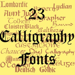 Puede incluir: Un fondo amarillo con el texto "23 Calligraphy Fonts" en negro. El texto está en una fuente caligráfica grande y en negrita. El fondo está lleno de texto más pequeño en una fuente caligráfica marrón, incluidos los nombres de diferentes fuentes de caligrafía.