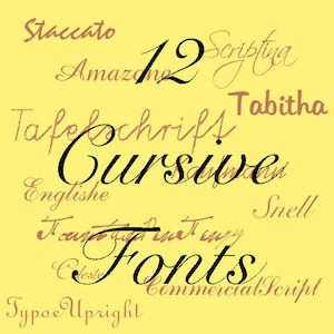Puede incluir: Un fondo amarillo con la palabra "Fonts" en escritura cursiva negra. La palabra "Fonts" está rodeada de varios nombres de fuentes cursivas en marrón, incluyendo "Staccato", "Amazone", "Scriptya", "Tafelchrift", "Tabitha", "Cursive", "Englishe", "I can't draw easy", "Celesie", "Typo Upright", "Snell" y "Commercial Script".