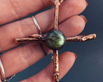 Labradorite Rowan Cross / Rowan Charm / Protection / Copper Crystal Necklace / Red Thread