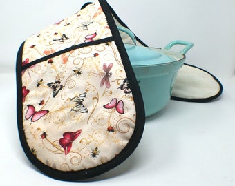 Handgemachte lange Topflappen mit doppelter Tasche, gepolsterter Topflappen, hitzebeständiger Ofenhandschuh - Libellen, Bienen, Marienkäfer