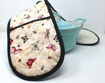 Handmade Long Double Pocket Potholder, Padded Oven Mitt, Heat Resistant Oven Glove - dragonflies, butterflies, bees, ladybug