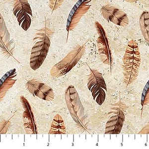 May include: A fabric with a repeating pattern of brown, tan, and blue feathers on a light beige background. The feathers vary in size and shape, with some having intricate details. A ruler is at the bottom.