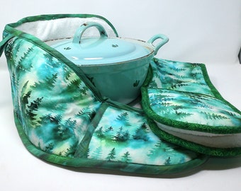 Handmade Potholder, Double Oven Mitt, heat resistant oven glove for your handmade kitchen - emerald pine trees