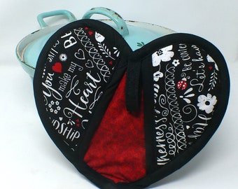 Ready to Ship - Handmade Heart Shaped Potholder, Padded Oven Mitt, Heat Resistant Oven Glove for your handmade kitchen - Hearts and Text