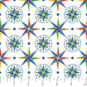May include: White fabric with a repeating pattern of compass rose designs and starbursts in blue, yellow, red, and green. The compass roses are within a blue circle, and the starbursts have eight points.