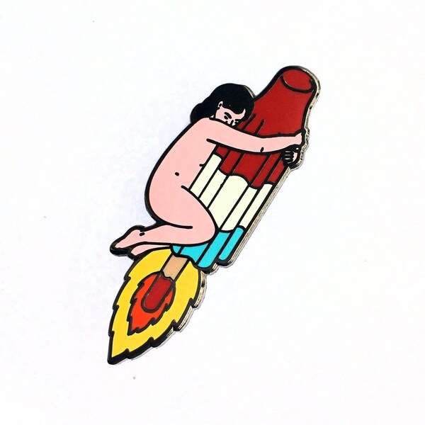 Lapel Pin woman hugging a rocket popsicle, Hard enamel, pins, food