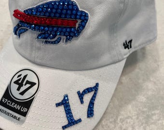 Buffalo Bills White Hat:  Hand-Jeweled Swarovski Crystals/Josh Allen Jersey 17 on Visor Edge