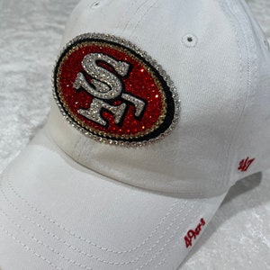 SAN FRANCISCO 49ERS SF White Bling Hat Hand Jeweled with 300+  Swarovski Crystals Amazing Women&#39;s Rhinestone Football Cap