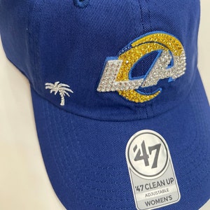 LA RAMS Blue Bling Hat Hand Jeweled Swarovski Crystals Palm Tree Under Visor Women&#39;s Rhinestone Hat