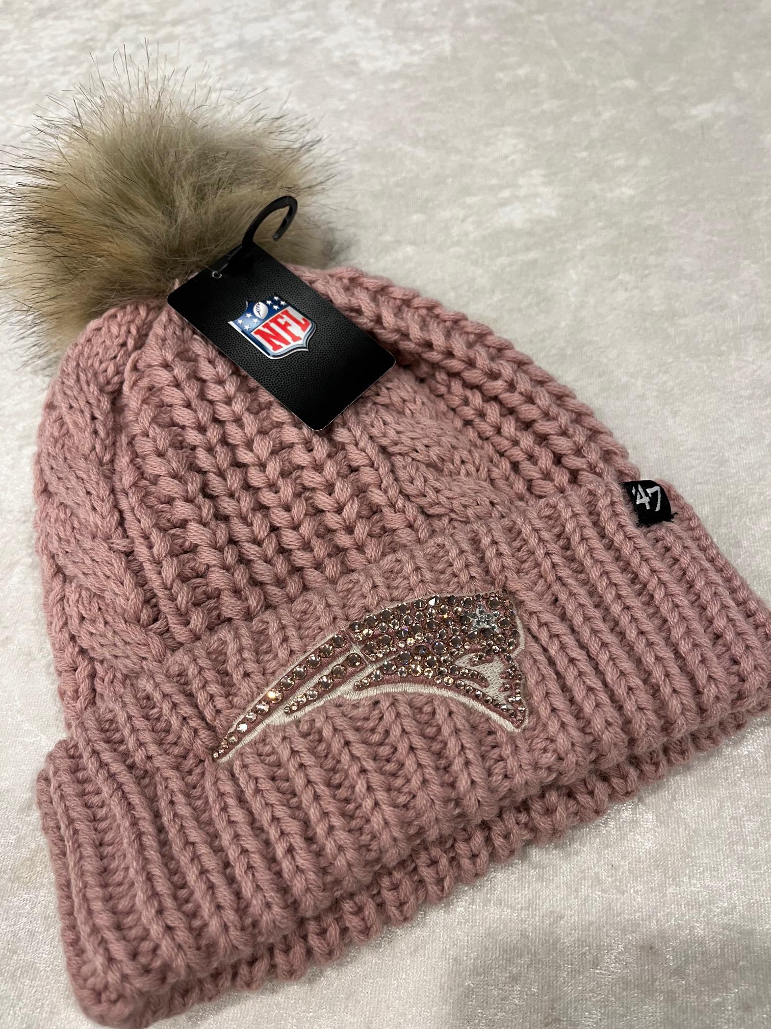 NE PATRIOTS BLUSH Pink Pom Beanie: Hand-jeweled Swarovski  display picture 3