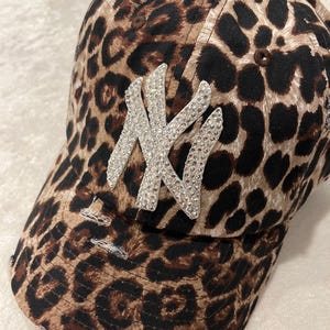 New York NY Yankees Bling Leopard Distressed Hat Hand Jeweled with Swarovski 300+ Crystals Women&#39;s NY Rhinestone Bejeweled