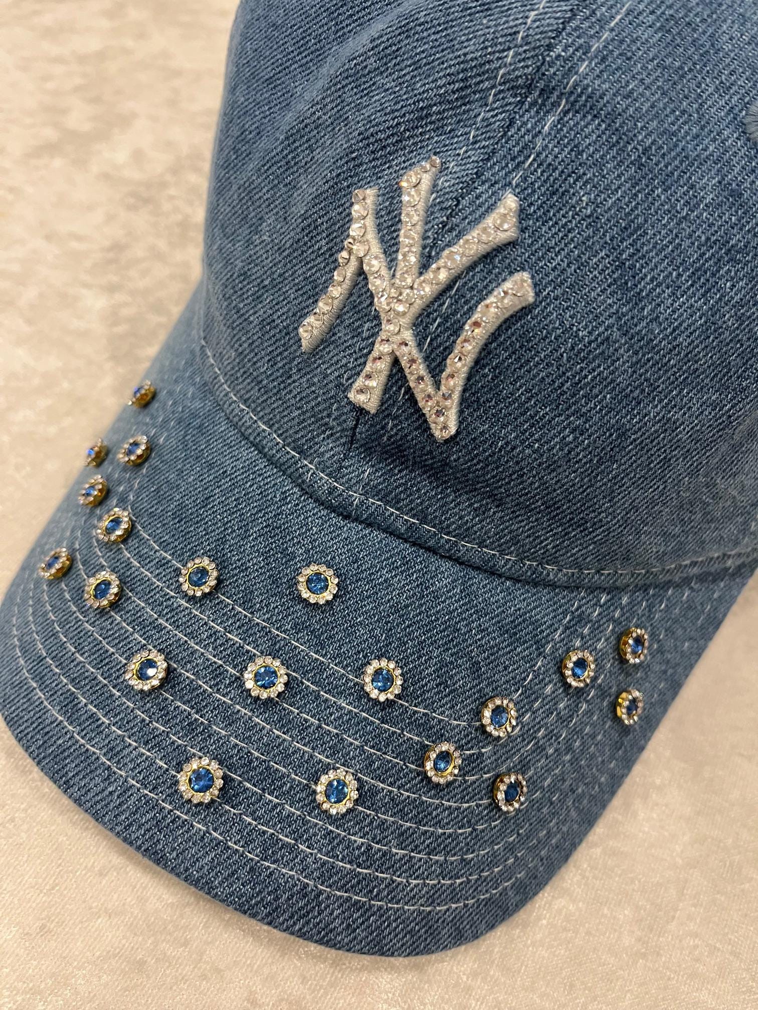 CRYSTAL EMBELLISHED BLUE JEAN BASEBALL CAP HAT W/ WHITE & GOLD DAISES Rhinestone Floral Denim Baseball Cap: Crystal Applique Bling  main image 3