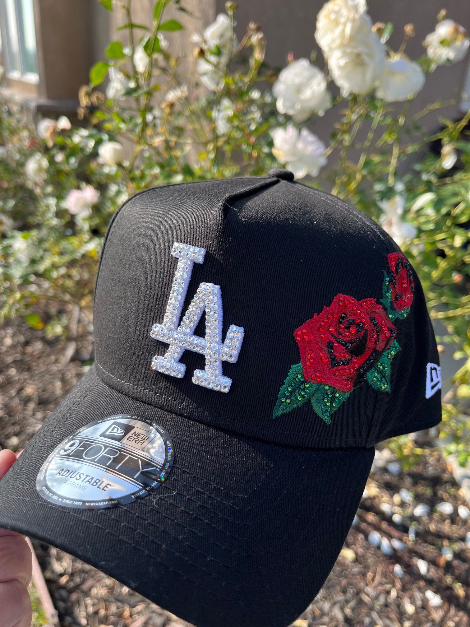 Love death bling red hat rose sequin Los Angeles Dodgers Black Bling Red Rose Hat: Hand-jeweled  main image 4