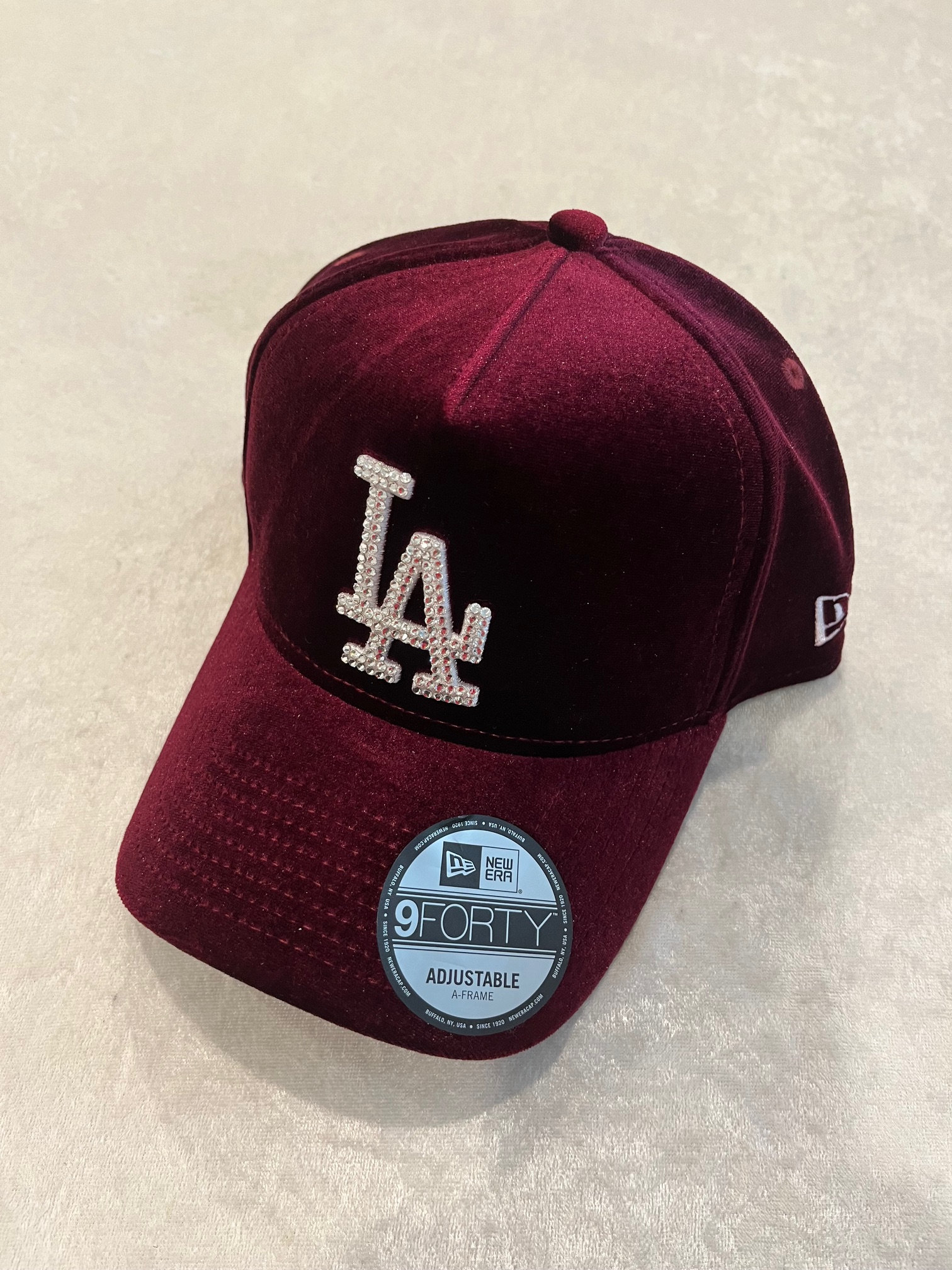 LA Dodgers VELVET Burgandy Hat Hand Jeweled With Swarovski