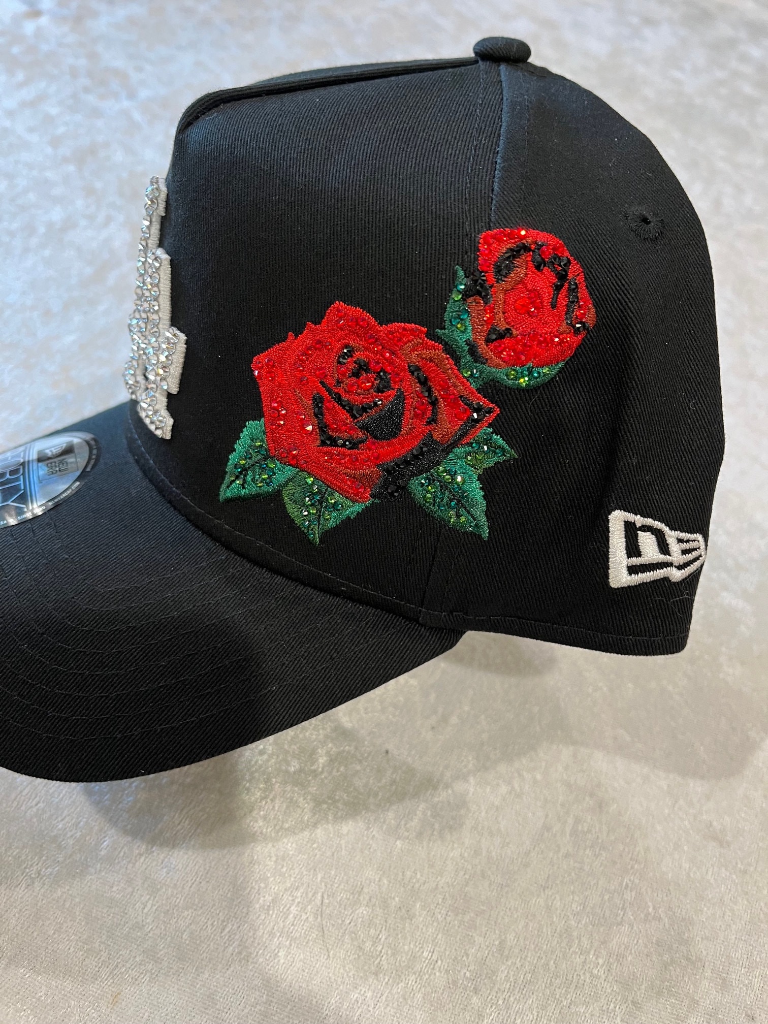 LA Los Angeles Black Bling Red Rose Hat Hand Jeweled With