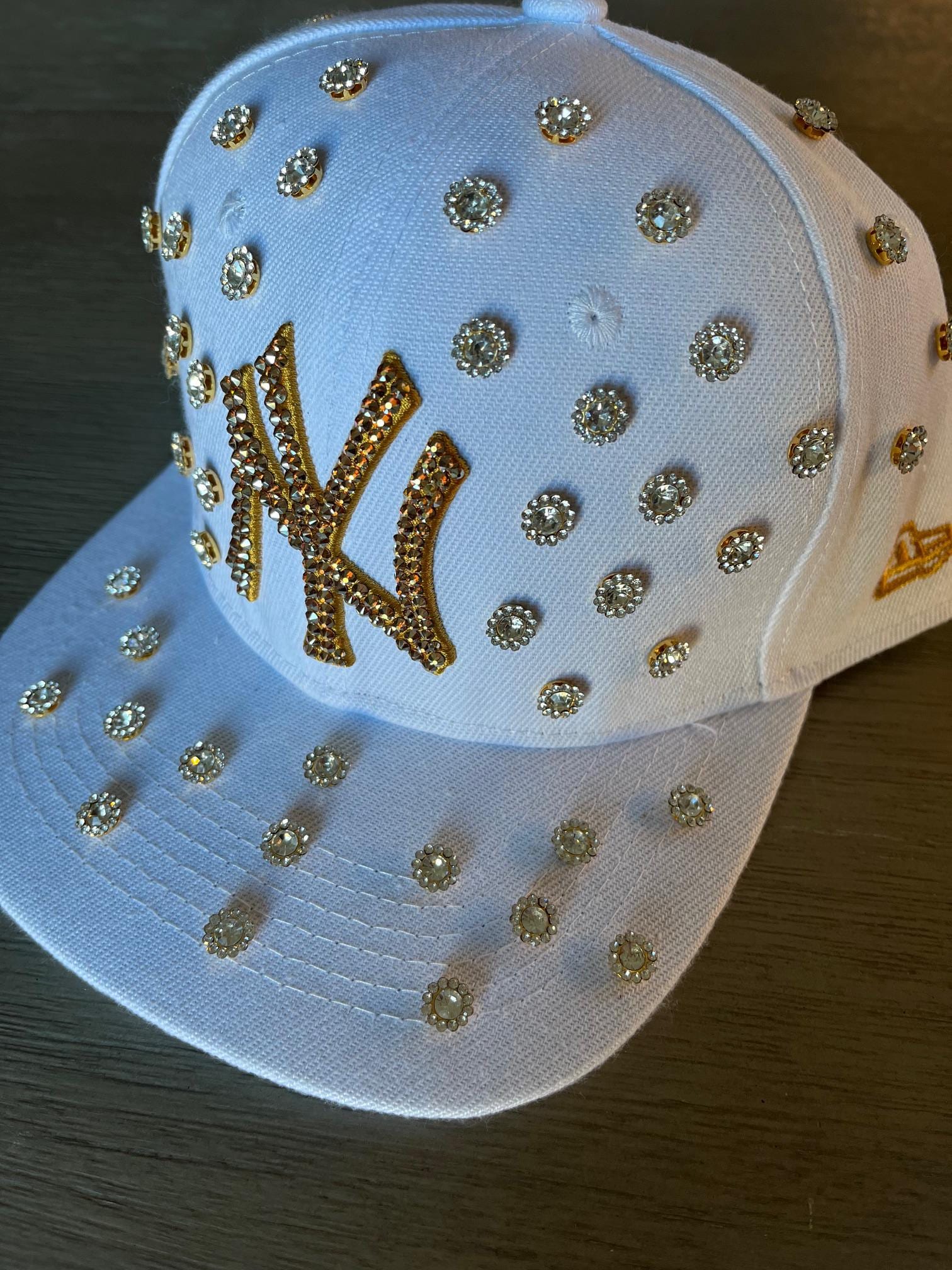 New York Bling White Hat: Hand-jeweled SWAROVSKI Crystal 