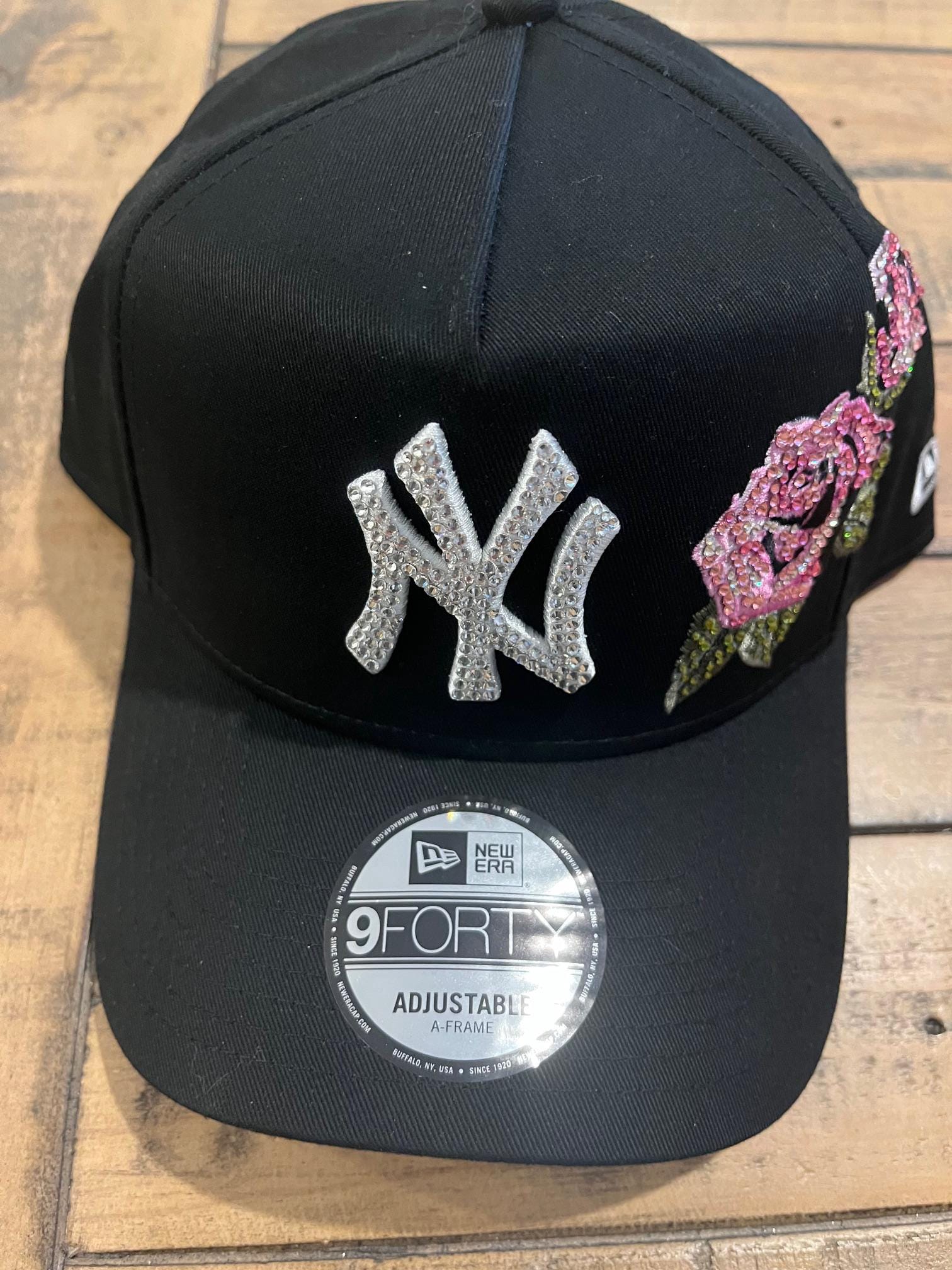 NY YANKEES Black Bling Pink Roses Hat Hand Jeweled With 450+