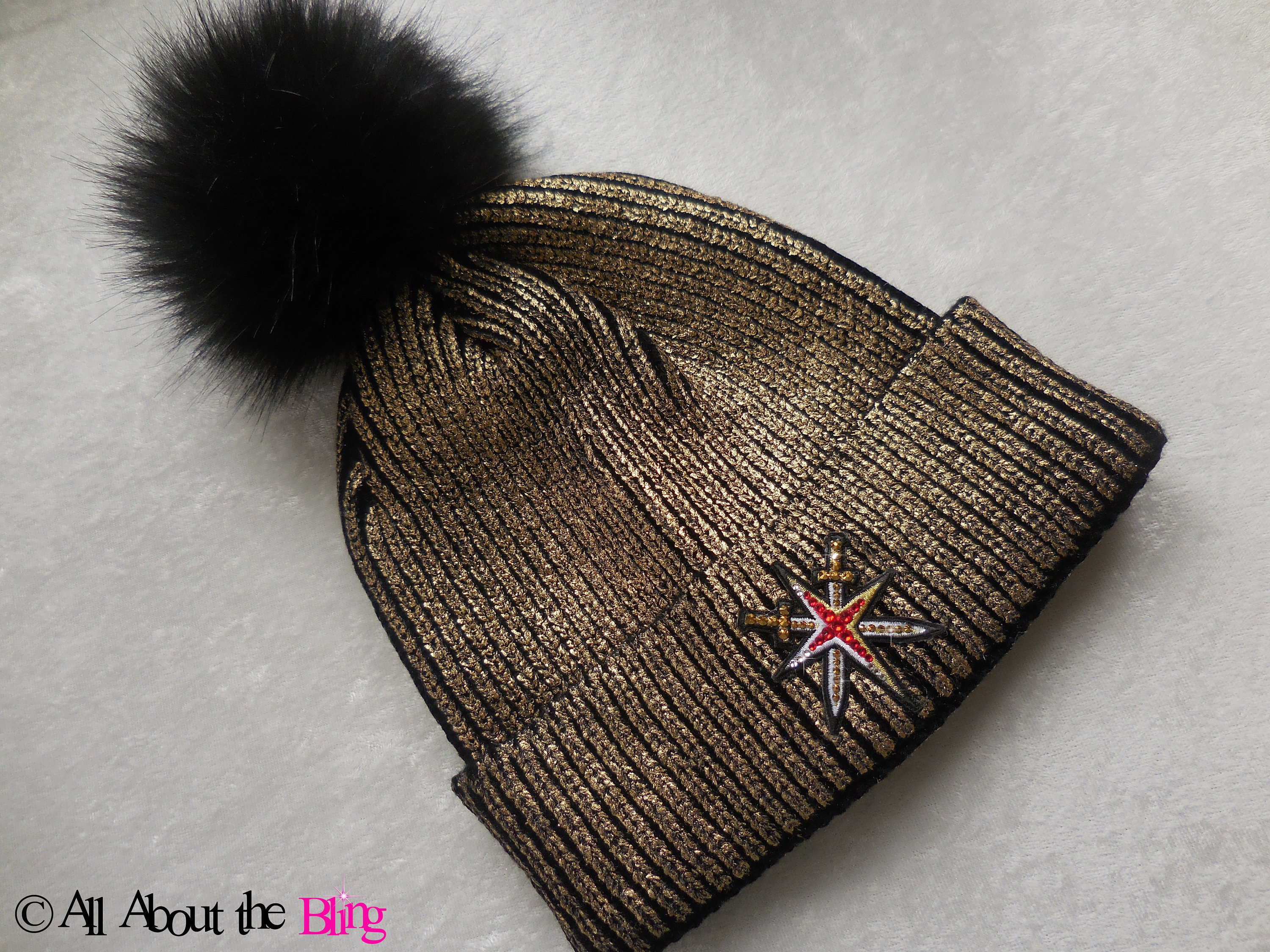 Vegas Golden Knights Custom Pom Beanie VGK GOLD Metallic Foil Hat