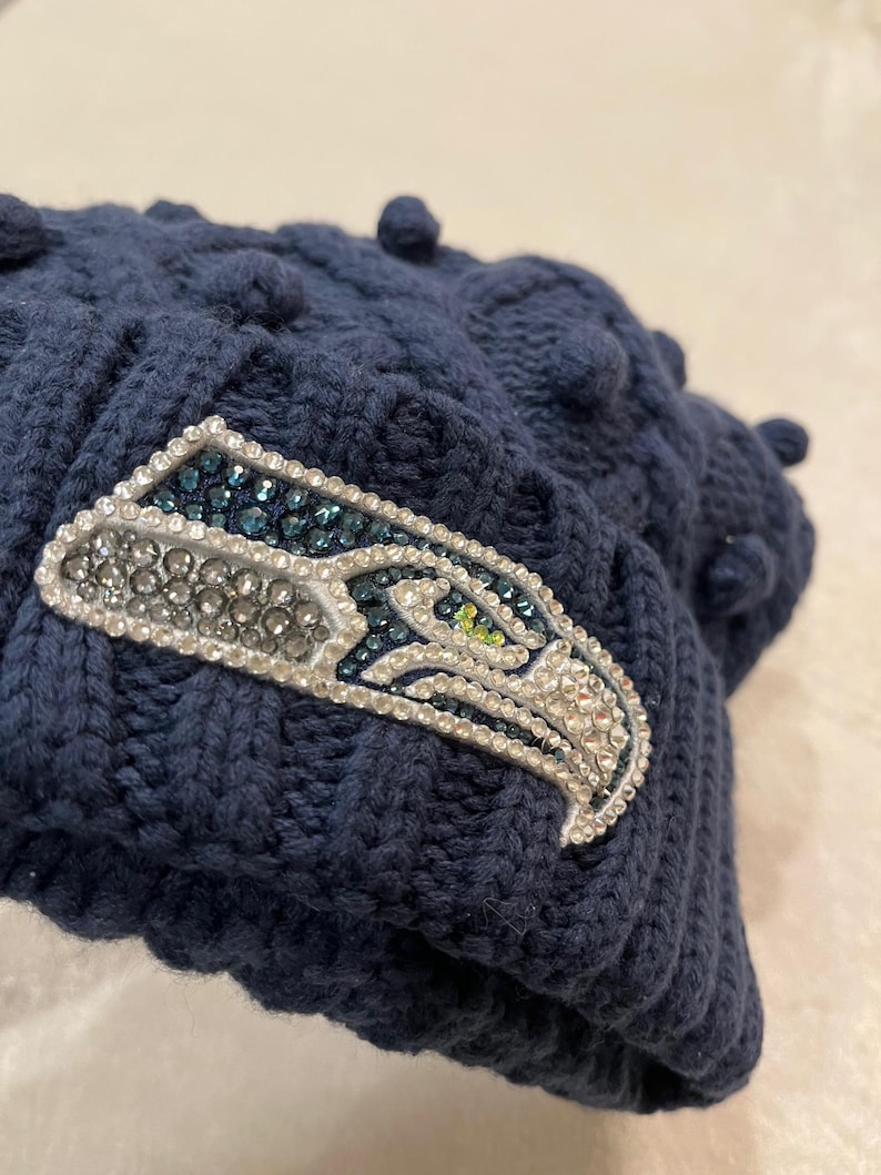 SEATTLE SEAHAWKS Pom Blue Rhinestone Bling Beanie: Hand=jeweled With ...