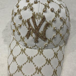 NY New York White Bling Hat Hand Jeweled SWAROVSKI Crystal Logo with Rhinestone Pearl Flowers