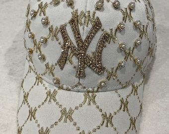 New Charm NY Yellow Hat w Pearls Rhinestones Fitted Pearl Rhinestone New Era Fitted Hat – clouded main image 4