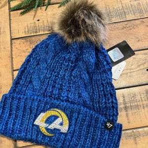 LA RAMS Blue Bling Pom Beanie Had Jeweled with SWAROVSKI Crystals Women&#39;s &#39;47 Rhinestone Game Day Cap Same Day Shipping