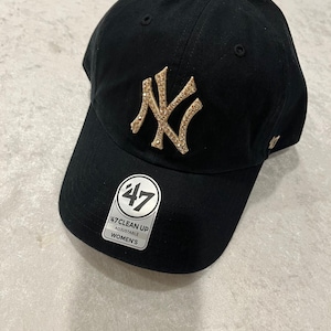 NY New York Yankees Black/Leopard under Visor Bling Hat Hand Jeweled with SWAROVSKI Gold CRYSTALS Women&#39;s Baseball Rhinestone Cap
