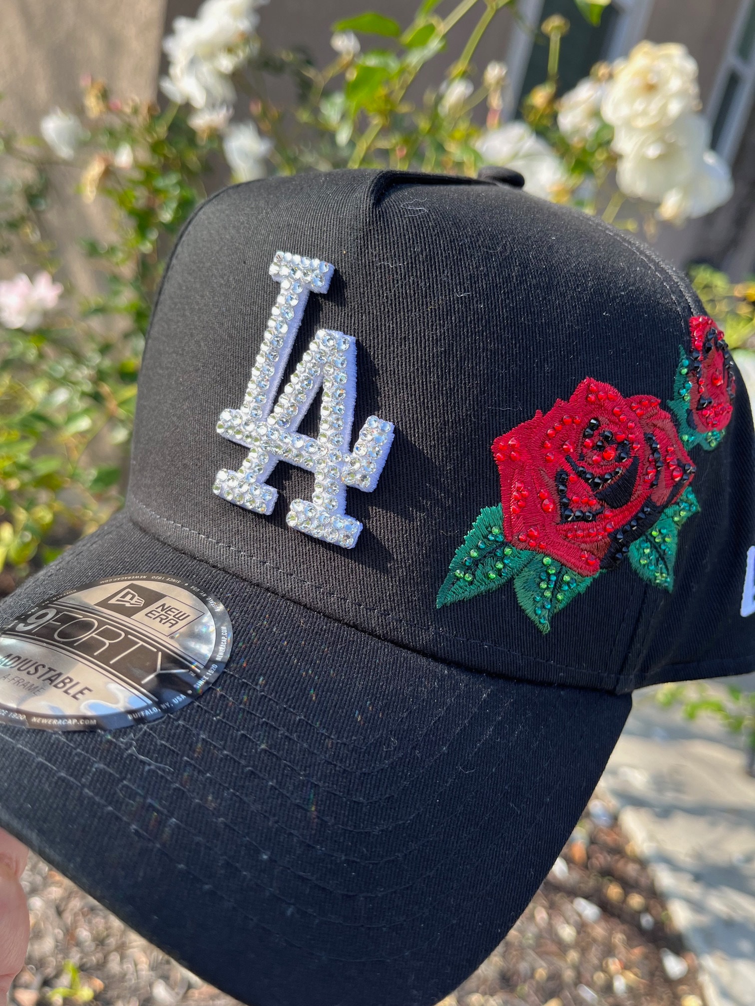 LA Los Angeles Black Bling Red Rose Hat Hand Jeweled With