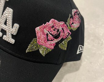 LA Dodgers Black Hat Pink Roses: Hand-jeweled SWAROVSKI 