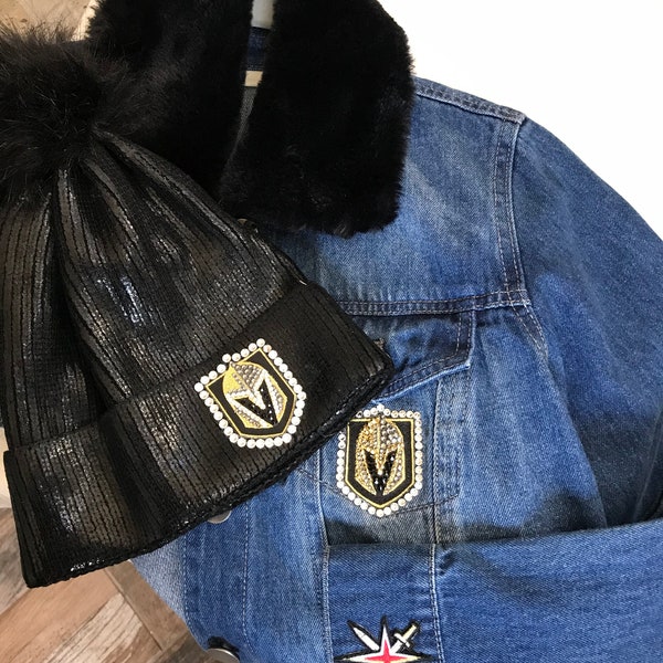 Las Vegas Golden Knights black metallic hat VGK pom Beanie custom hand jeweled with Genuine crystals