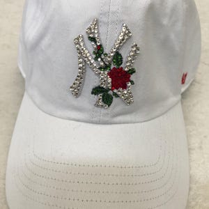 New York NY Yankees White Rose Thorn Bling Cap Hand Jeweled 200+ Genuine Crystals for Amazing Detail RARE