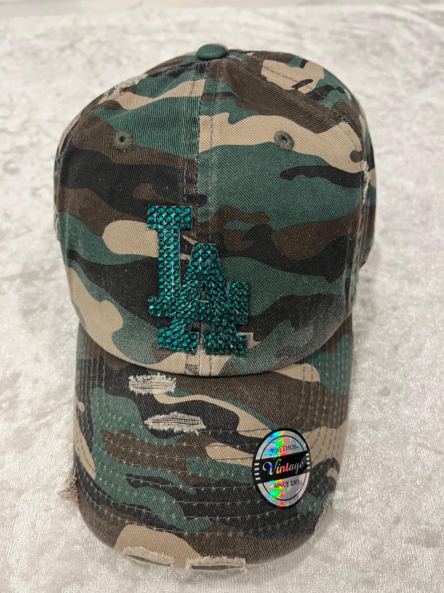 LA Camouflage Distressed Bling Hat: Hand-jeweled Emerald  display picture 3