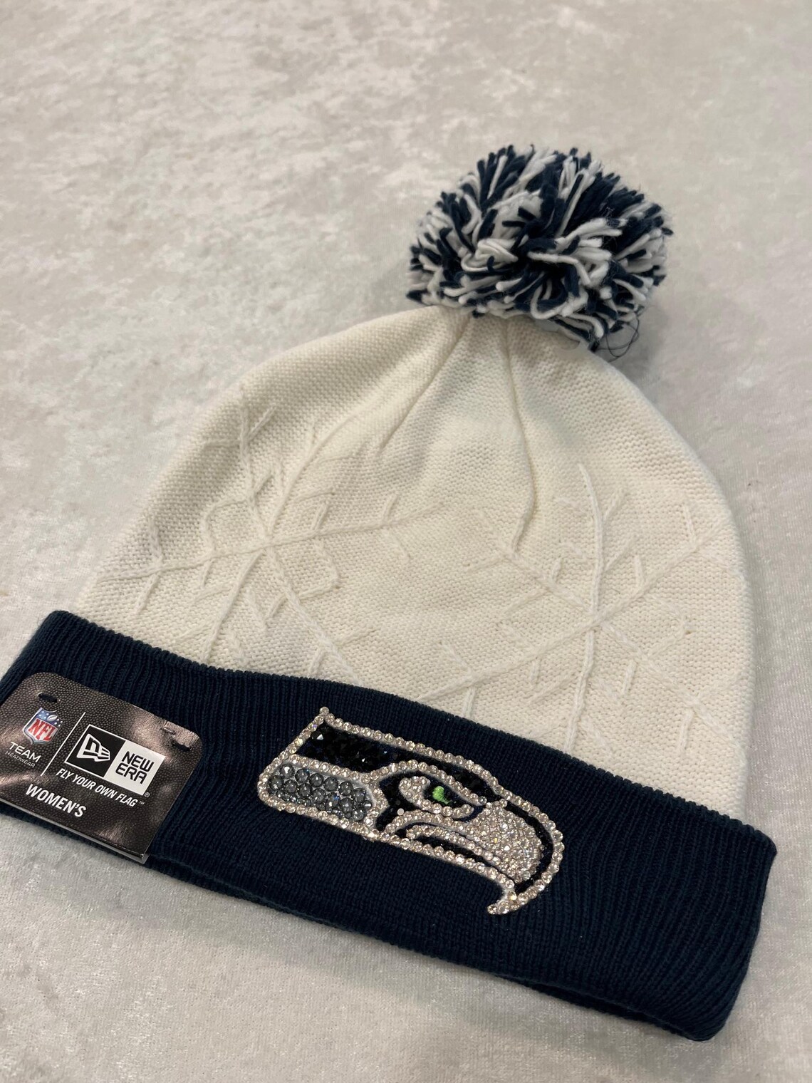 SEATTLE SEAHAWKS Ivory/black Rhinestone Bling Pom Beanie: Hand-jeweled ...