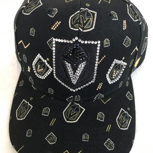 Vegas Golden Knights Black Gold Bling Confetti hat NHL Hand jeweled with Genuine Crystals