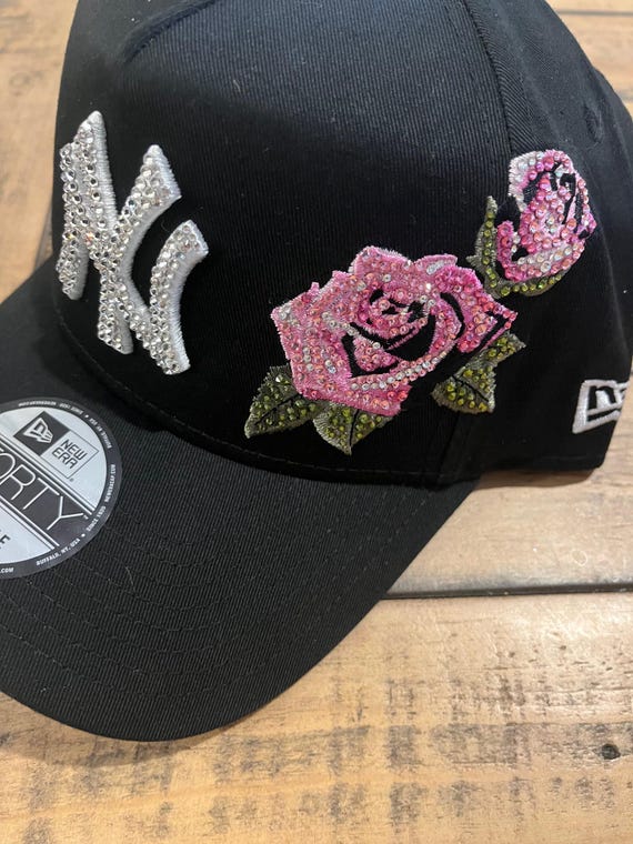 VS PINK BASEBALL CAP ROSES BLACK GOLD RARE NEW LA Dodgers Black Hat Pink Roses: Hand-jeweled SWAROVSKI  main image 4