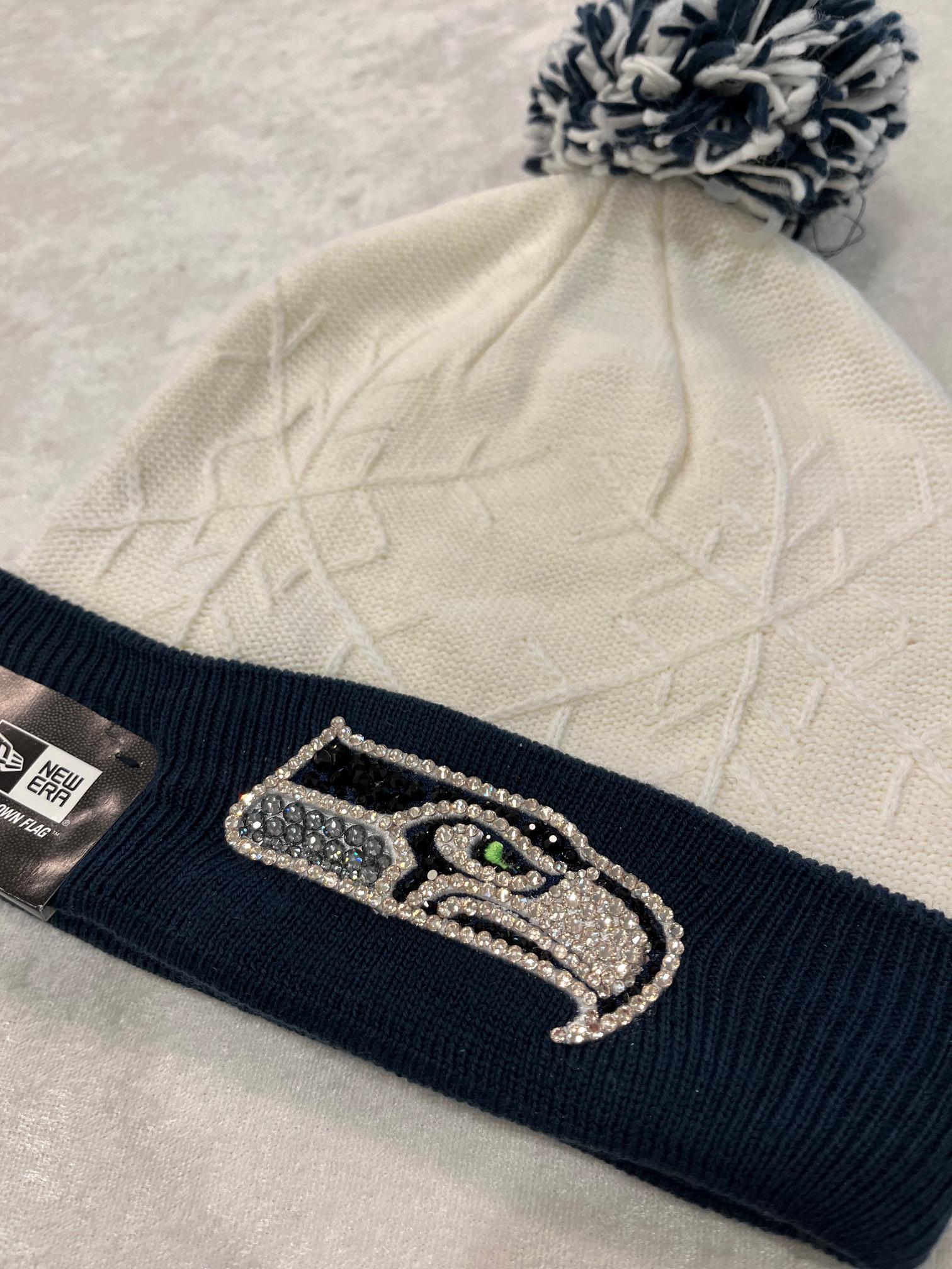 SEATTLE SEAHAWKS Ivory/black Rhinestone Bling Pom Beanie: Hand-jeweled ...
