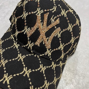 New York NY Black Gold Metallic Bling Hat Hand Jeweled SWAROVSKI Crystal Gold Logo